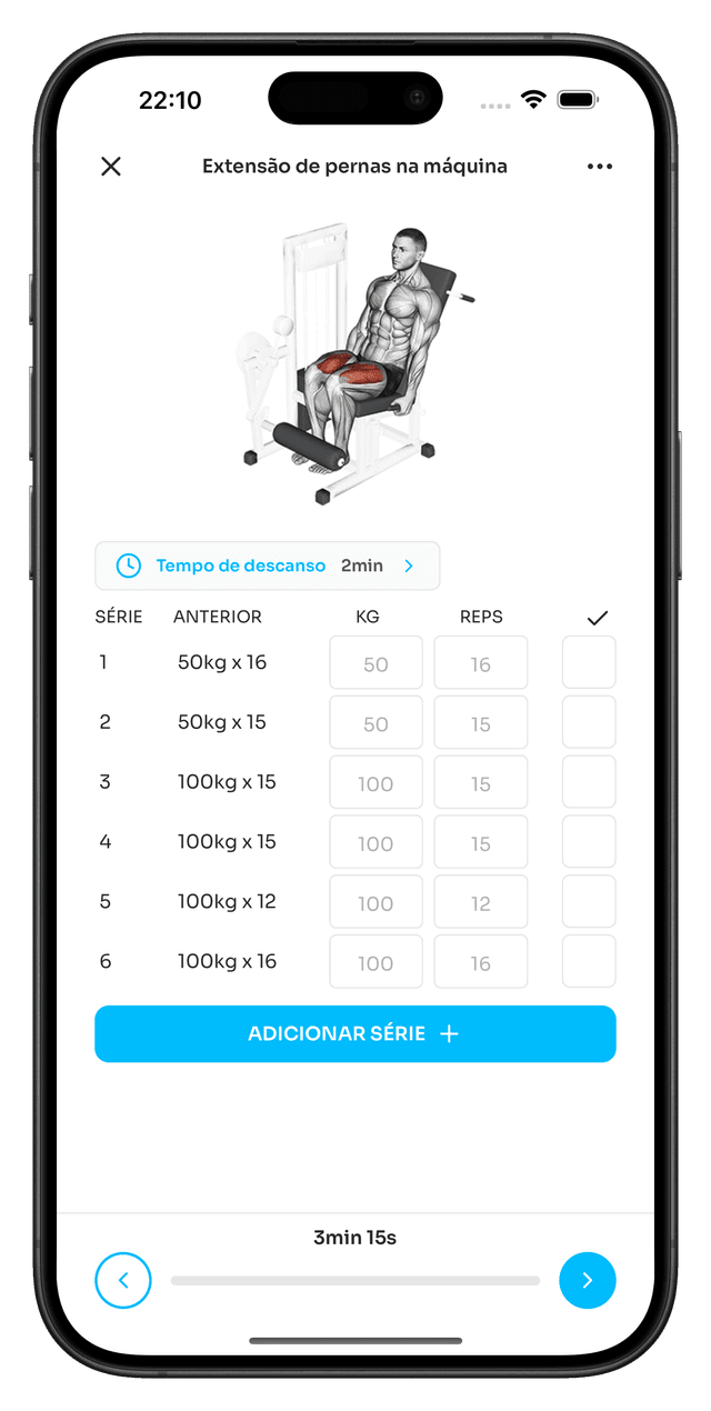 Tela de treino do app Mais1Treino