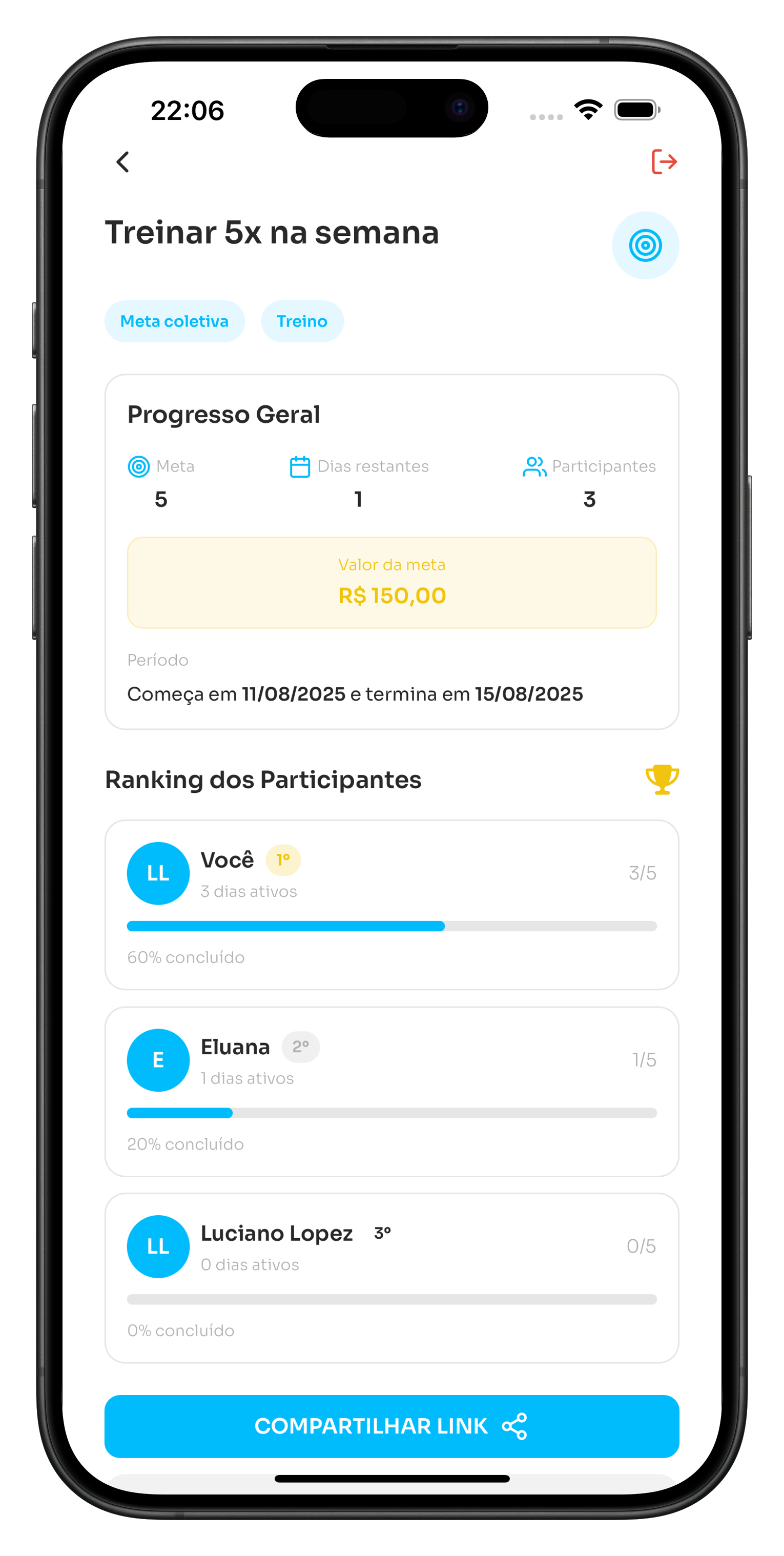 Tela de metas do app Mais1Treino