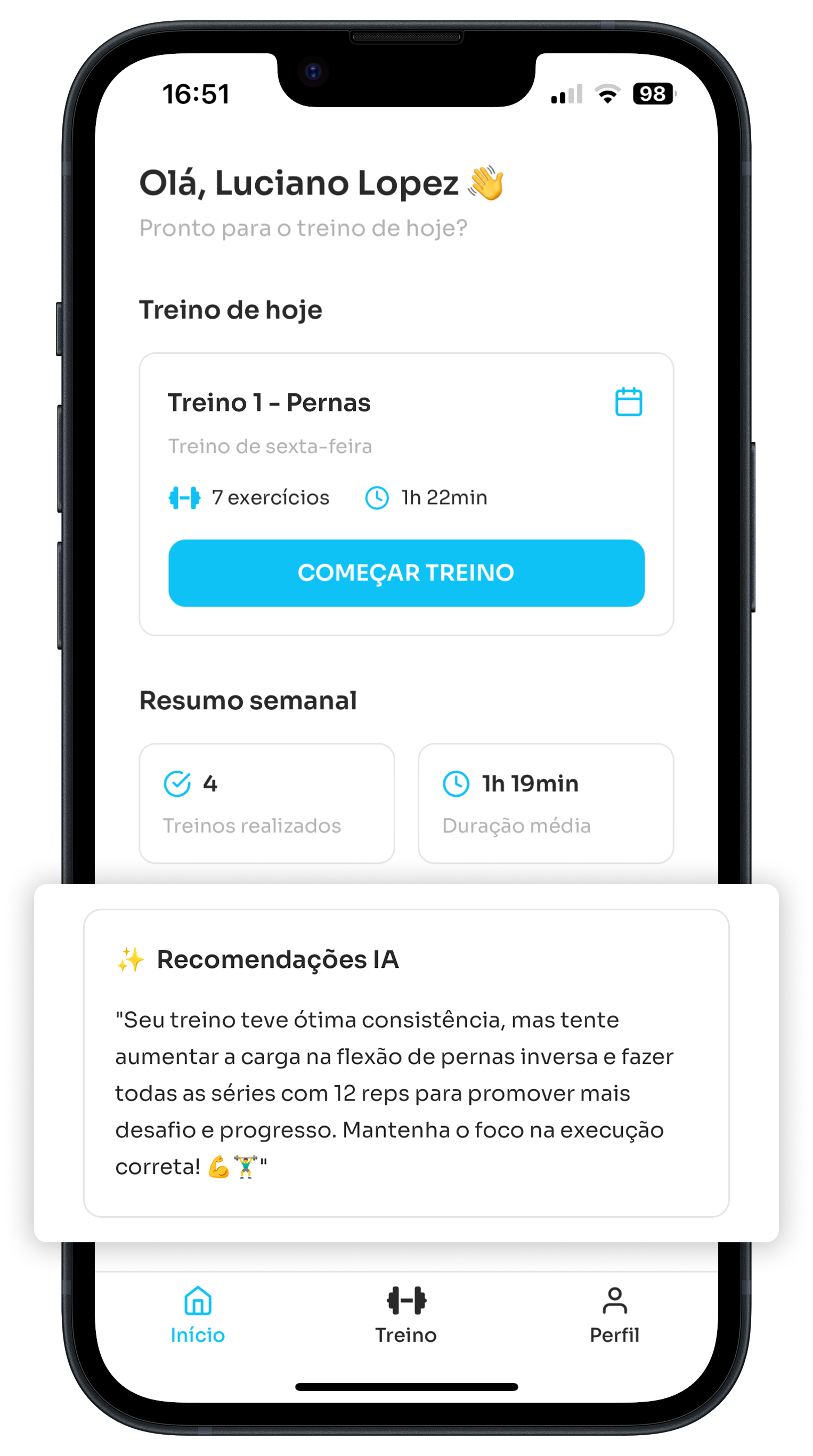 Tela de recomendações de IA
